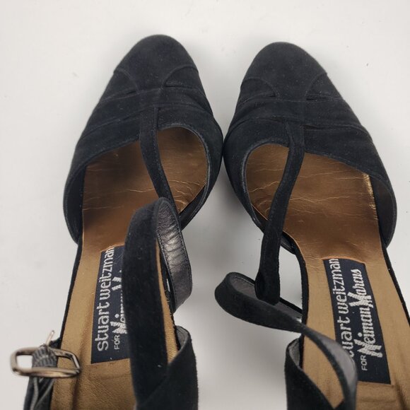 Stuart Weitzman Sz 7 Black TStrap Heels for Neiman Marcus Slits 3" Suede Shoes - Picture 12 of 16